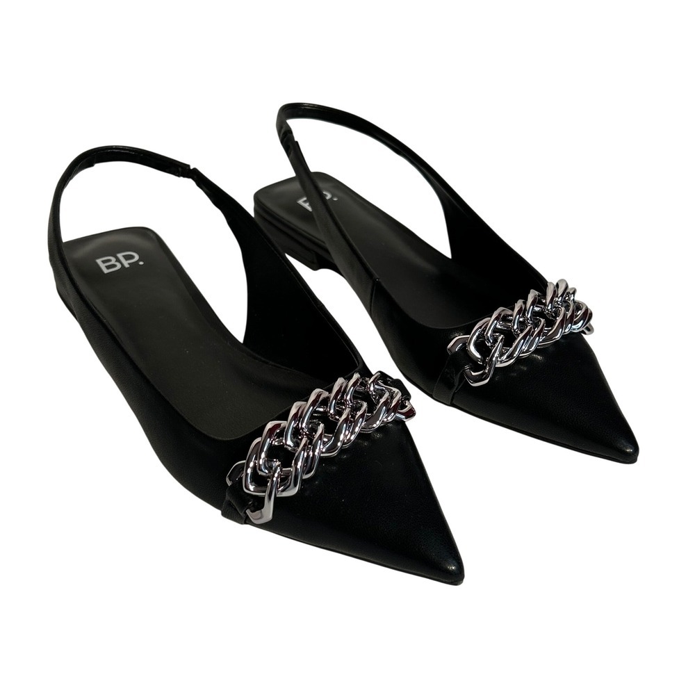 BP Black Pointed Toe Slingback Flats with Silver Chain Detail Women's Size 6.5M
